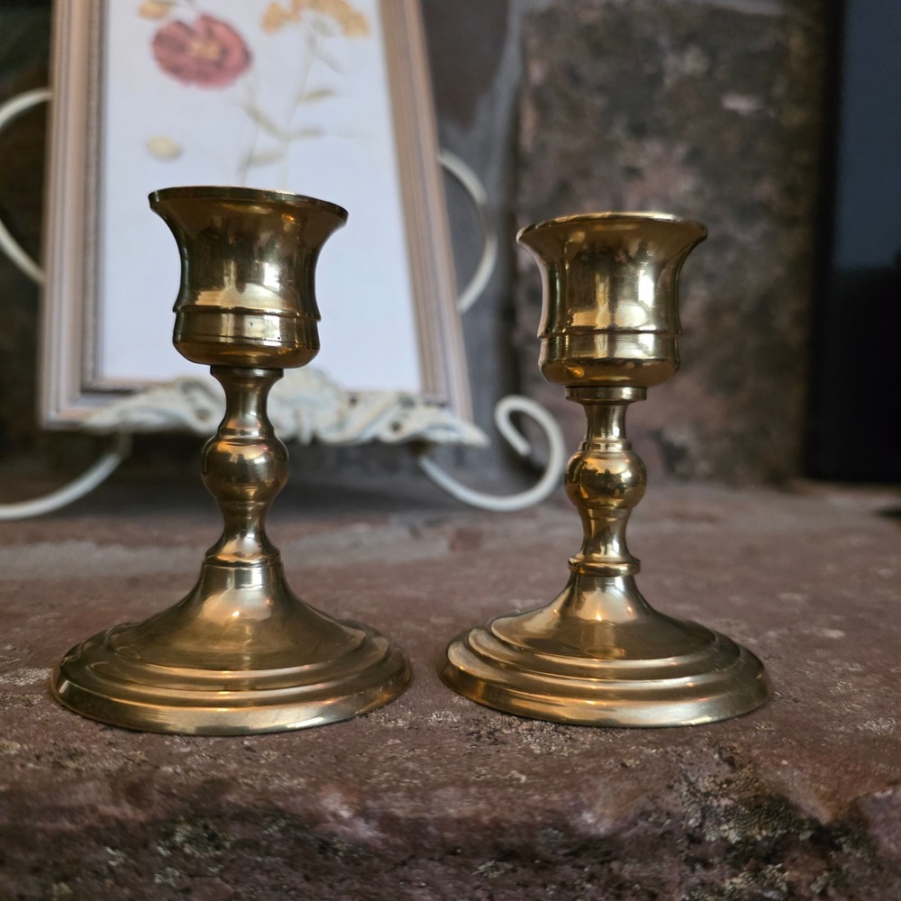 Vintage Solid Brass Candlestick Holders Pair 3 Inch Gold Taper Candle Stands MCM